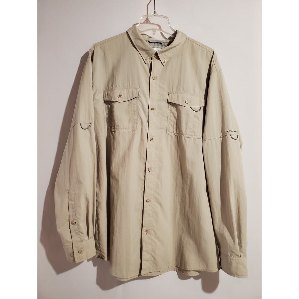 Columbia Omni Shade Tactel Nylon Button Up Fishing Shirt Mens Size XL Hiking Tan